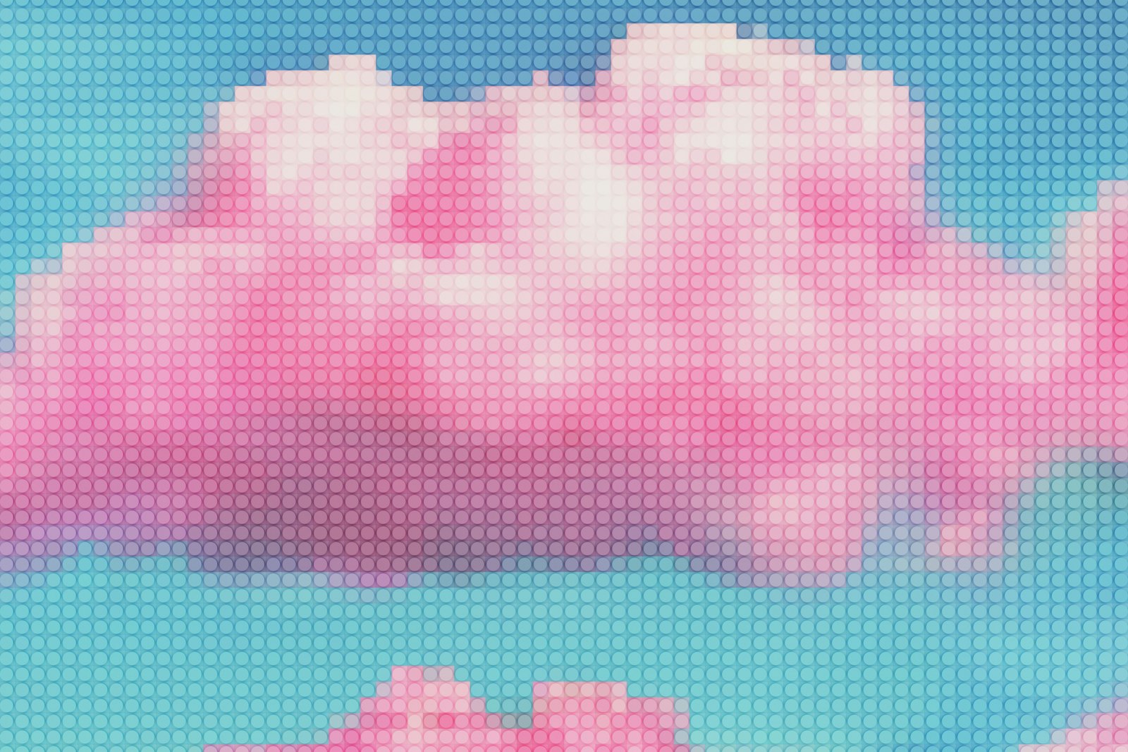 Pixelated pink clouds against a blue sky